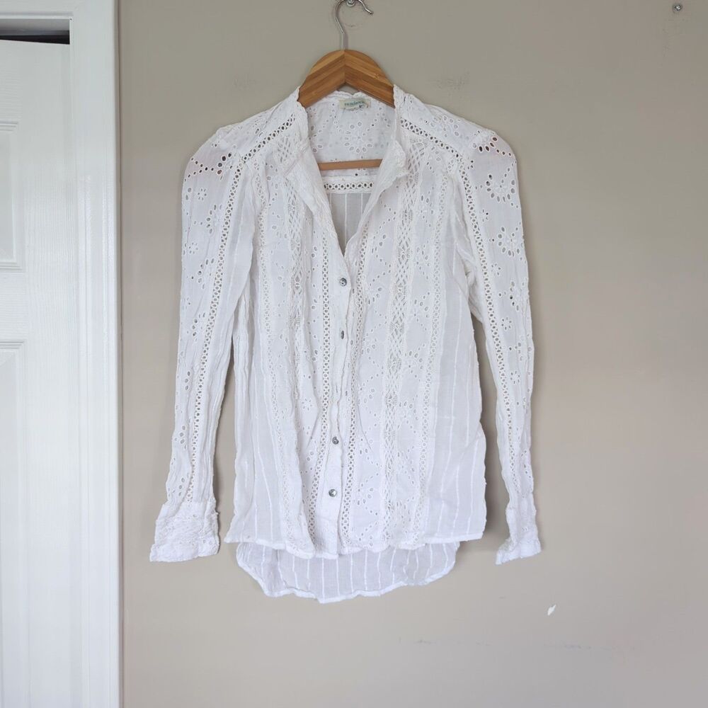 Sundance White Button Down Eyelet Long Sleeve Top Small Country Cowgirl Boho